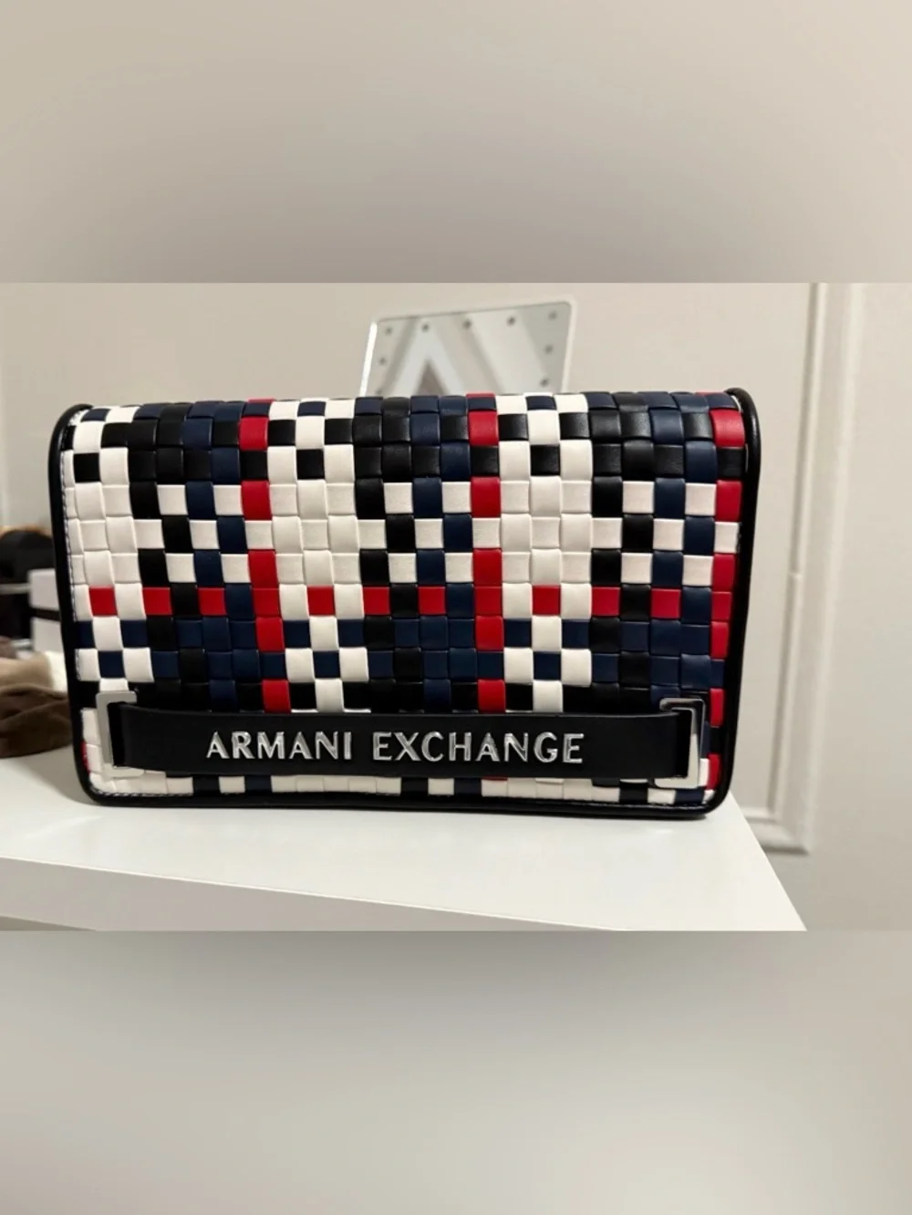 Armani Exchange Woven Tricolor Leather Clutch in Navy, White & Red